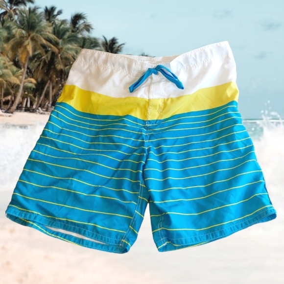 OP Other - OP SUNWEAR Blue White and Yellow Striped Eboard Swim Trunks
